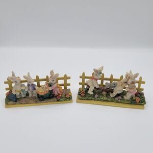 2 Vintage Mounted Easter Bunny Garden Scene Figurines